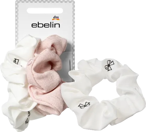 Embroidered scrunchies, white/pink, 2 pieces